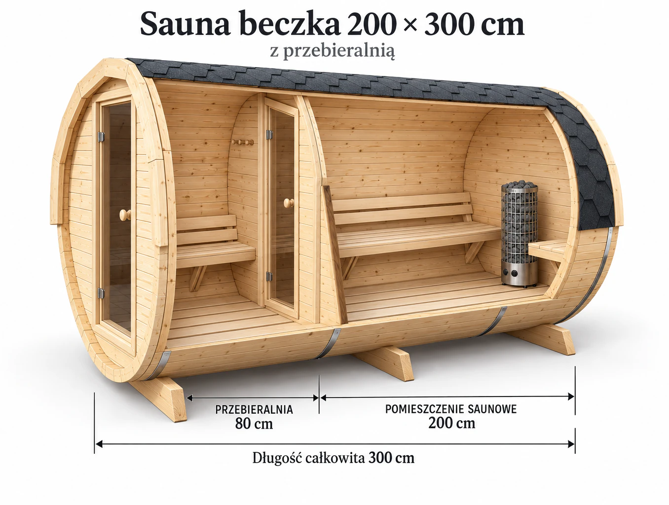 Fasssauna 300 mit Umkleideraum, Schnittansicht